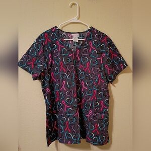 Women's Scrubstar Breast Cancer Ribbon Pattern Scrub Top Size XL